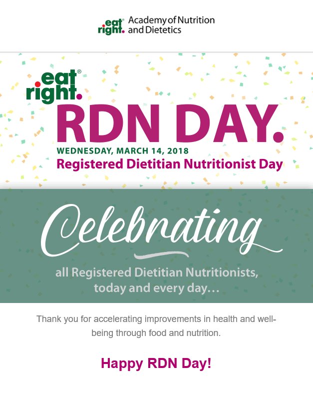 DeDietitians's tweet photo. Celebrate RDN Day today as a part of #NationalNutritionMonth in March! Registered Dietitian Nutritionists are the best resource for personalized, science based information on food and nutrition! https://t.co/UuHg3Mp5f9