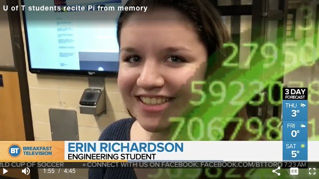UofTEngineering's tweet photo. Happy #PiDay everyone! First-year #UofTEngineering student Erin Richardson goes deep into the decimal digits for @BTtoronto: https://t.co/6INonMMa5G https://t.co/CZwAe4iI6O