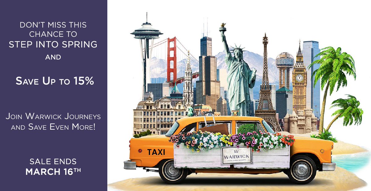 48 Hours Left to Save Up to 15% with our Step into Spring Sale. bit.ly/2I82kjW

#WarwickHotels #WarwickJourneys #JourneyOnwards #Spring #LuxuryHotels