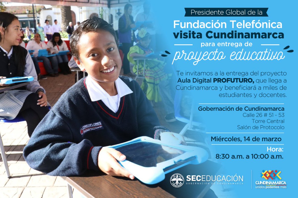 Gracias a la alianza de @EduCundinamarca, @FTelefonicaCo y @FundLaCaixa, 7.295 estudiantes de primaria de 12 instituciones educativas del departamento se beneficiarán del proyecto <a href="/ProFuturo_/">ProFuturo</a> con el que buscamos que millones de niños y niñas reciban una educación de calidad.