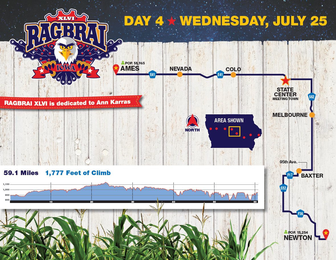 RAGBRAI_IOWA's tweet photo. Here is the complete #RAGBRAI route from @AmesRAGBRAI to @newtonragbrai! The route covers 59.1 miles with 1,777 feet of climb. For more info: https://t.co/CdlaQBTQ48 https://t.co/hVFeXFAVoT