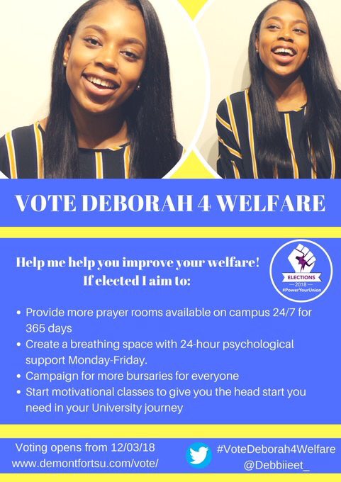 FloLamps's tweet photo. Dmu gang , remember to vote !!! #VOTE4DERRICK #VoteTiffannie4DpEducation #Jesswecan #VoteDeborah4Welfare #dsuvotes #dmu #dsuelections https://t.co/jp3m9i24HQ