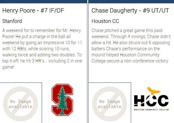 Congrats to Henry Poore (<a href="/SU_ClubBaseball/">StanfordClubBaseball</a> ) &amp; Chase Daugherty (@HCCDistrict) for earning DII National Player &amp; Pitcher of the Week Honors! 

#RoadToKansas