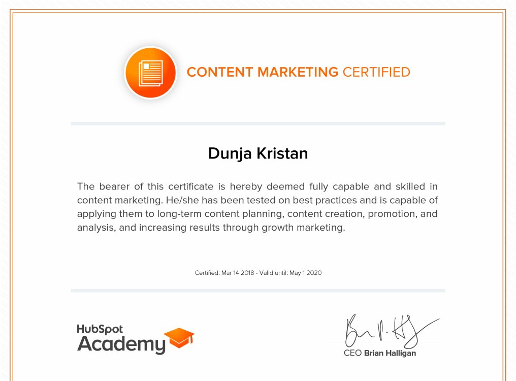 DunjaK8's tweet photo. Learning never exhausts the mind! 🤓 Excited to say that I just got my Content Marketing Certification from @HubSpotAcademy ! 🎓 @HubSpot #content #contentmarketing #storytelling #contentcreators #contentchat #ContentStrategy https://t.co/gTAh0gLjie