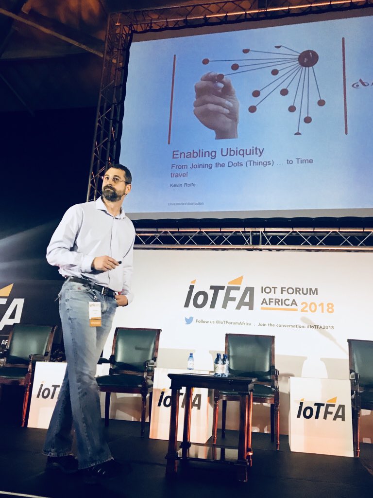 CTOsGotGame's tweet photo. @KevinWRolfe rocking it at @IOTForumAfrica #IOTFA2018 with 'Joining the Dots (Things)...To Time Travel'. Awesome preso! 💥💯 @KershneeNaidooK @rixymail @rickyferreira https://t.co/mrkCs5PRYO