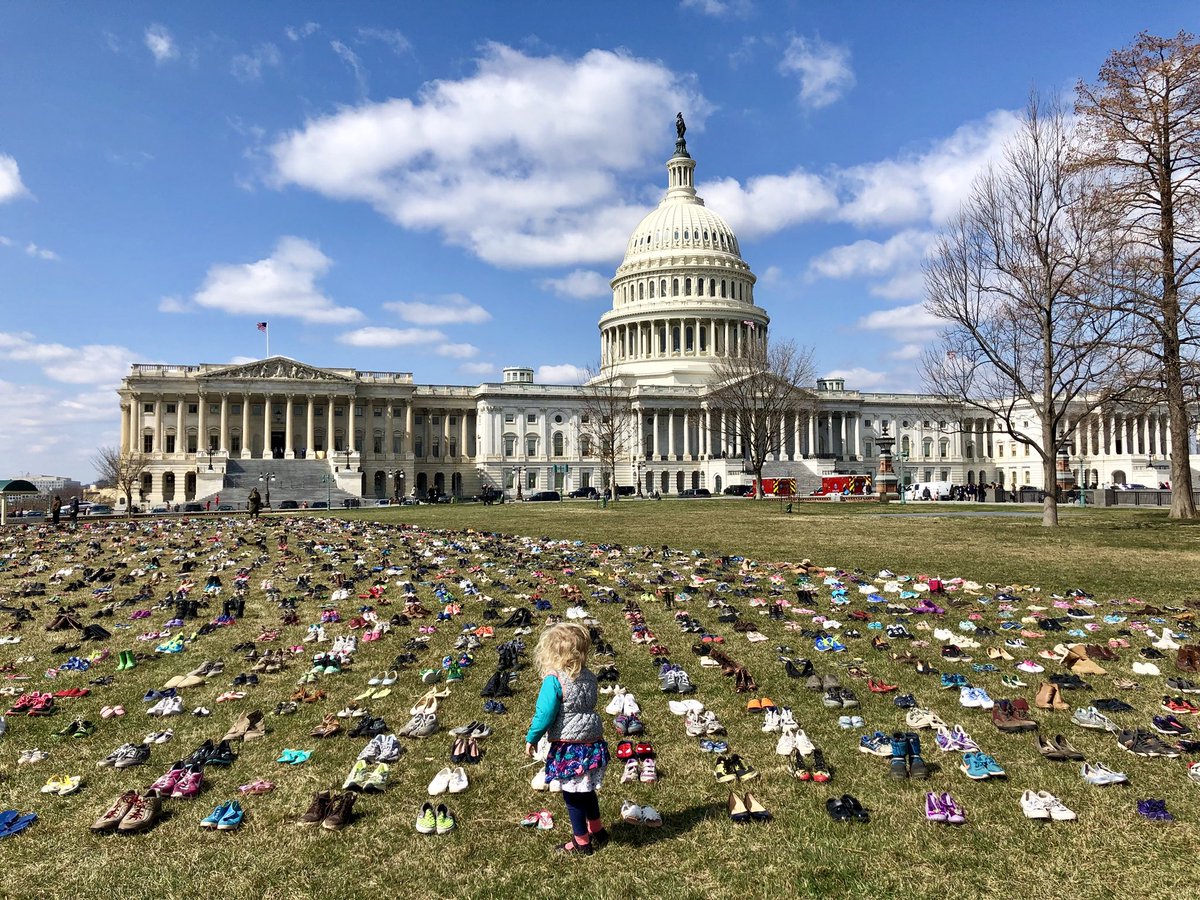HESherman's tweet photo. These 7,000 pairs of shoes, laid out on the Capitol lawn yesterday by @avaaz, represent the 7,000 young lives lost since the Sandy Hook murders. We must end gun violence through gun limits. (Photo by Howard Sherman) #NationalWalkoutDay https://t.co/kAcyTrPbKc