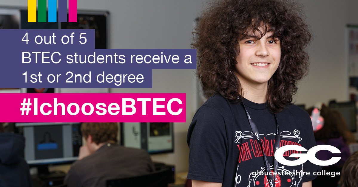 Gloscol's tweet photo. Did you know that 95% of colleges and universities accept students with BTECs, including Russell Group universities like Cambridge and Birmingham?https://t.co/tP17V65oW8 #IchooseBTEC https://t.co/tyIPGmAJPy