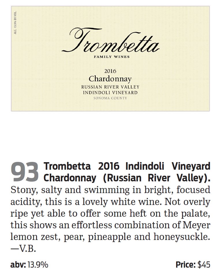 “Stony, salty, and swimming in bright, focused acidity”  — Erica Stancliff’s <a href="/TrombettaWines/">Trombetta Wines</a> 2016 Indindoli Chardonnay comes through again! <a href="/WineEnthusiast/">WineEnthusiast</a>