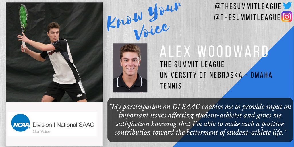 Div1SAAC's tweet photo. Do you #KnowYourVoice in the @thesummitleague ?? See what Tennis player, Alex Woodward, has to say about what his voice on DISAAC means to him! @OmahaCompliance @UNOmaha https://t.co/OZ5OwQsUrH