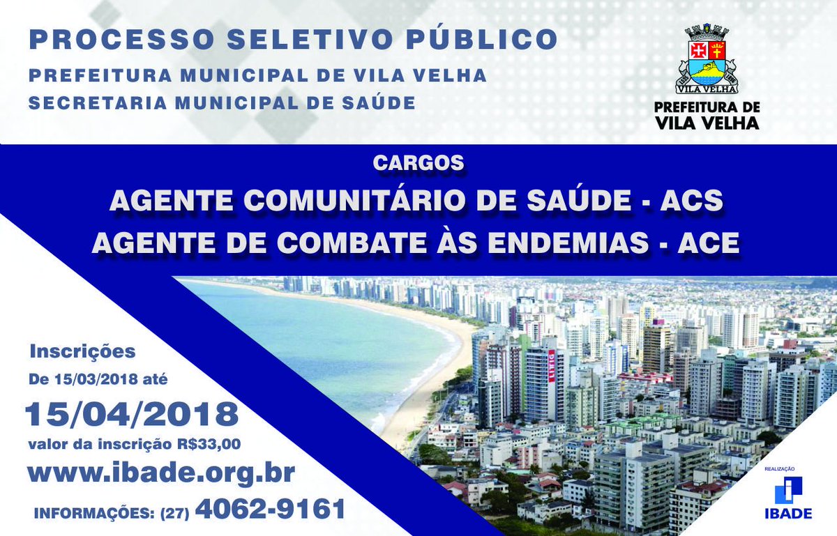 IBADEconcursos's tweet photo. PROCESSO SELETIVO - VILA VELHA/ES
Inscrições até o dia 15/04/2018! 
Não perca essa chance, acesse https://t.co/zFukVILHhC   e se inscreva! https://t.co/ncfMcejFTc