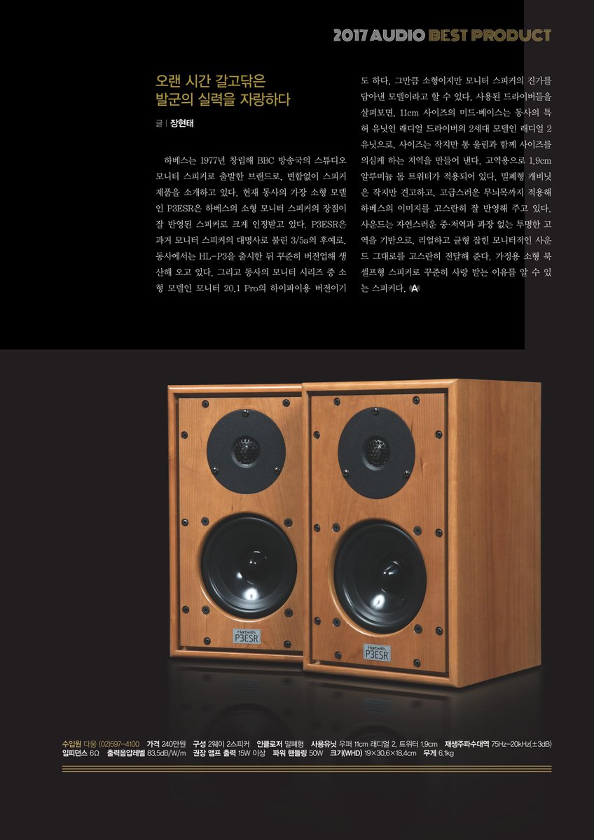 HarbethHQ's tweet photo. "(The P3ESR) almost made me dizzy with a rich, tight solid bass and a superb, articulate mid-range" - AUDIO magazine, Korea, March 2018 #minimonitor #40yearsofHarbeth https://t.co/xsoFuXXOox