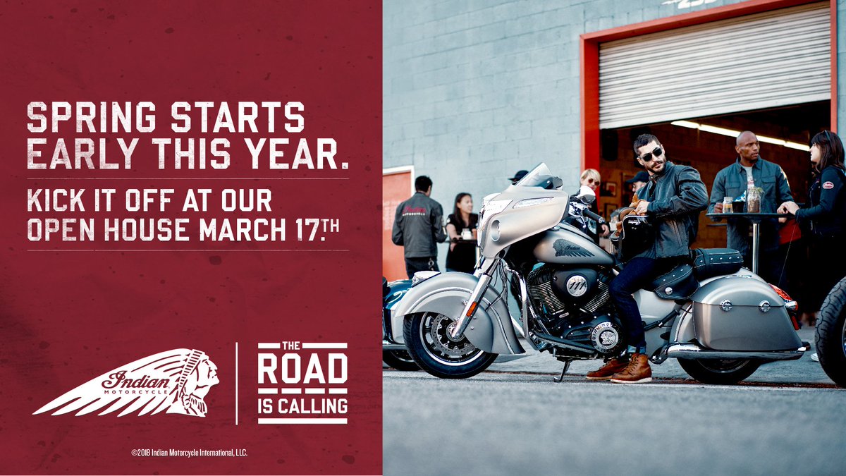 HeadIndianCoMo's tweet photo. This Saturday we're hosting our Spring Open House with 2 of our favorite things: new motorcycles and fried chicken. Come out for demo rides, free food from Lee's, and a look at the latest additions to the Indian Motorcycle lineup: https://t.co/NdSWBOBUwy https://t.co/xWHt2VXtP9