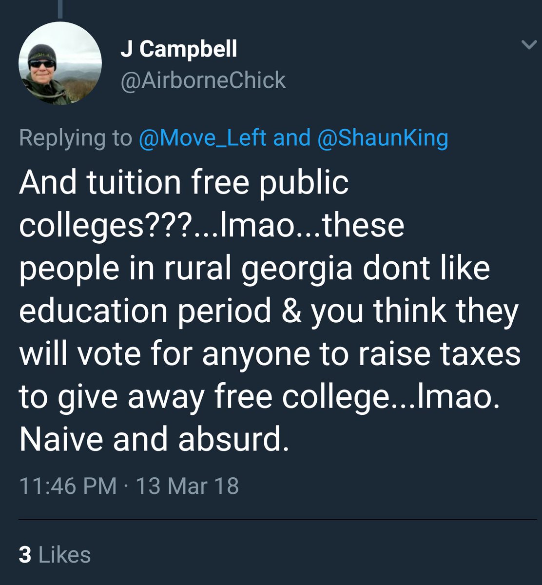 delmoi's tweet image. #CentristLogic &quot;poor whites are too stupid to benefit from free college so they&apos;ll never vote for it!&quot;