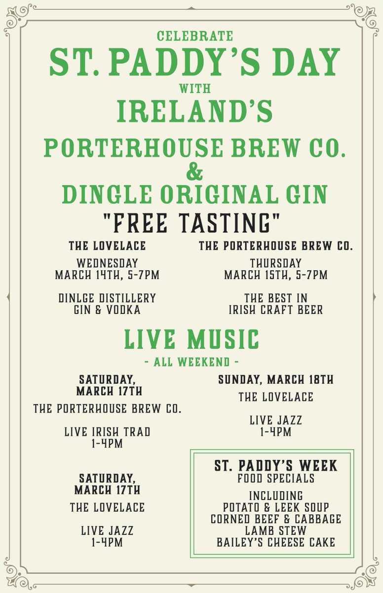 PorterhouseCoNY's tweet photo. Enjoy the best #craftbeer &amp; #Gin Ireland has to offer this #StPatricksDay at #PorterhouseBrewCoNYC! Serving up traditional #Irish dishes alongside award-winning #craftbeer from @phbrew, &amp; #DingleGin, the #BestIrishGin, from @DingleWhiskey Plus #LiveMusic all weekend! @MurphGuide https://t.co/FjSovDFJEc
