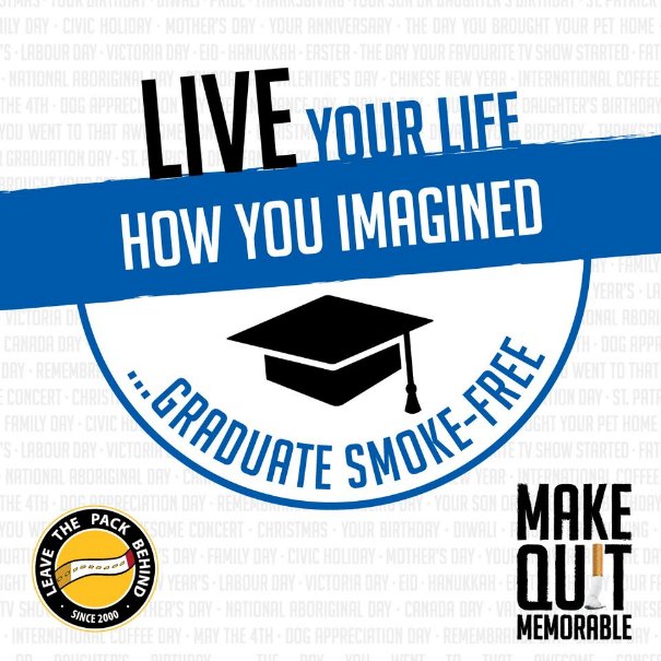 DCUOIT_CHC's tweet photo. Quit before graduation by using #LeaveThePackBehind’s free services that are offered to you at the Campus Health Centre! They offer free NRT, and more to students between the age of 18-29. Kick the habit before it affects your productivity at your new job! #DurhamCollege #UOIT https://t.co/YkP8XLUeaD