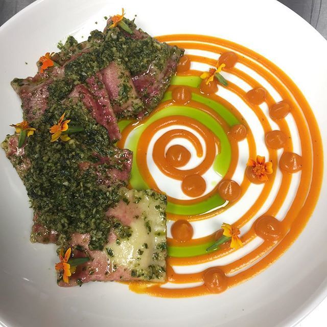 Locate_Eat's tweet photo. Beet striped butternut squash ravioli with carrot top pesto and carrot fluid gel #vegan #vegetarian #whilesupplieslast  #healthy #fitness #healthdiet #cafe credit: @mortarpestlefl https://t.co/H83dnoJylr https://t.co/ta91eTiQpc