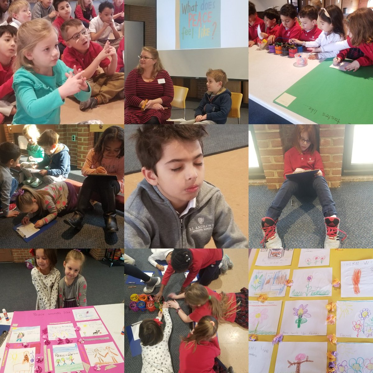 J0rdanLove's tweet photo. In Peace Class PK-grade 2 explored peace through the 5 senses. Students illustrated and captioned how they experience peace in the world and discussed how they can be peacemakers in school, at home, and in the broader community! #peace #peaceofmind #saeslearns #TheCTTL https://t.co/x5pPUhRal4