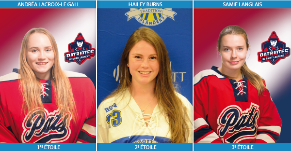 🏒 Hockey coll. 🚺 div. 1 - Voici les 3 ⭐ de la semaine :

1️⃣Andréa Lacroix-Le Gall, des <a href="/PatriotesStLo/">Patriotes CSL</a> 
2️⃣Hailey Burns, des <a href="/AbbottIslanders/">JAC Athletics</a> 
3️⃣Samie Langlais, des <a href="/PatriotesStLo/">Patriotes CSL</a> 

Fiches individuelles des étudiantes-athlètes 👇
rseq.ca/54868.aspx