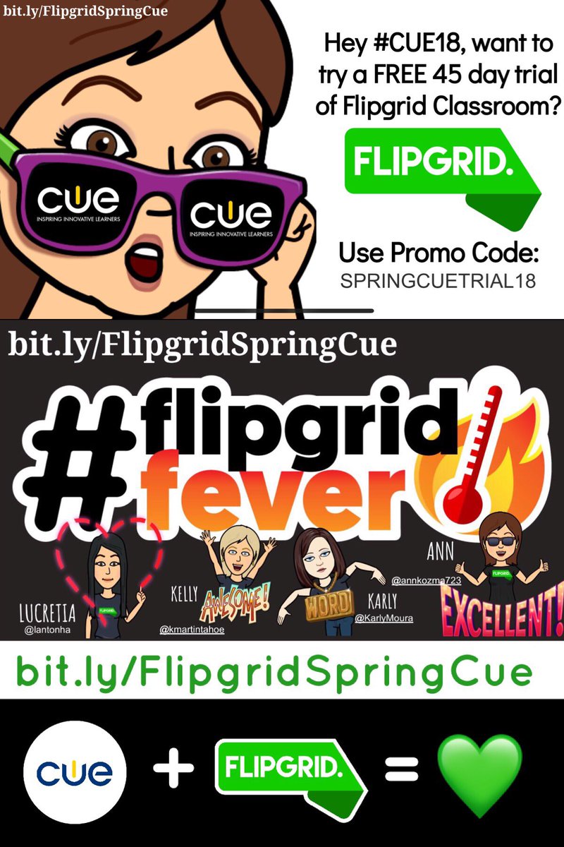 headed to #cue18? Want to try a FREE 45 day trial of @Flipgrid? 
Use code SPRINGCUETRIAL18  
and come catch #FlipgridFever w <a href="/lantonha/">Lucretia Anton💕</a> <a href="/kmartintahoe/">Kelly Buttery 👩🏼‍💻</a> <a href="/KarlyMoura/">Karly Moura</a> &amp; me today from 4-6pm at our Poster Session! 
#WeAreCUE #TOSAchat 💚