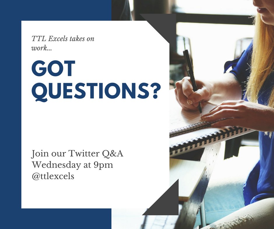 ttlexcels's tweet photo. Tonight is the night! Please join us tonight @ 9 pm to talk about all things work! There will also be a drawing for one of our exclusive t-shirts for those that join in on the fun. #workworkwork #ttlexcels #careerbuilding https://t.co/9ynj1DMnvG