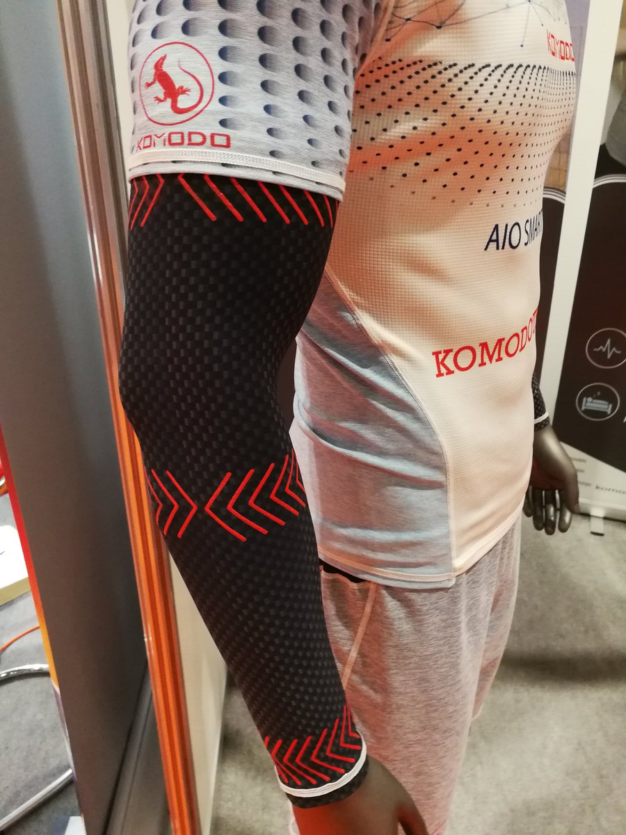 GioKinto's tweet photo. Komodo showcasing its Aio sleeve for fitness tracking. Claims to provide very accurate heart rate monitoring #wearables #wts2018 #wearabletechshow https://t.co/GY69HZDzHB