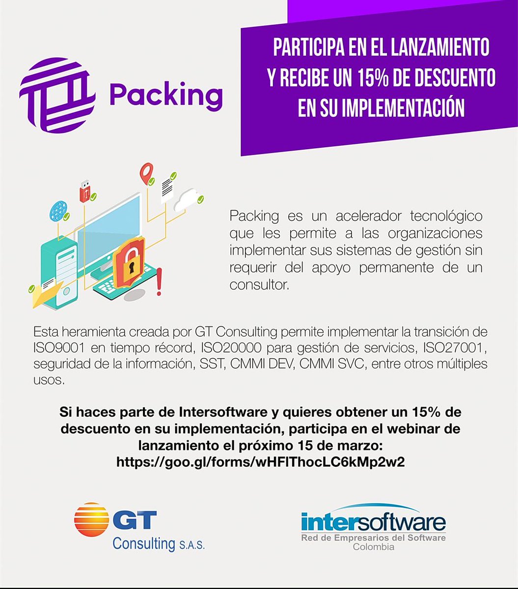 InterSoftwareCo's tweet photo. Conoce #Packing una herramienta de gestión de procesos en la nube desarrollada por @gtcsas una de nuestras corporadas.

Participa mañana 15 de  marzo en el webinar de lanzamiento y podrás ganar descuentos en su implementación. 

Inscríbete aquí: https://t.co/DdiDOhu5pN https://t.co/Zvi0ksMwOn