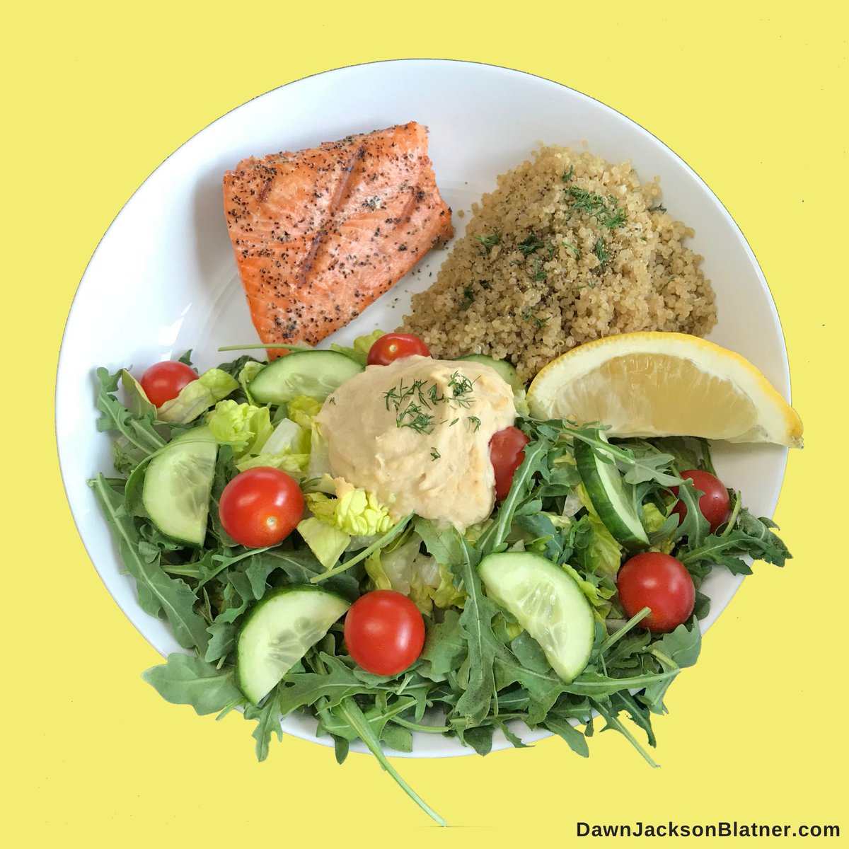 djblatner's tweet photo. 👁Visual Wisdom Wednesday👁
Here's a what 400-ish calorie lunch Hummus Bowl looks like. NO weighing, NO measuring, I just used Visual Wisdom. 25% of the plate a high quality protein + 25% whole grains/potatoes + 50% veggies topped w/ a healthy fat. #visualwisdom #nostresseating https://t.co/kcgBTAyGoK
