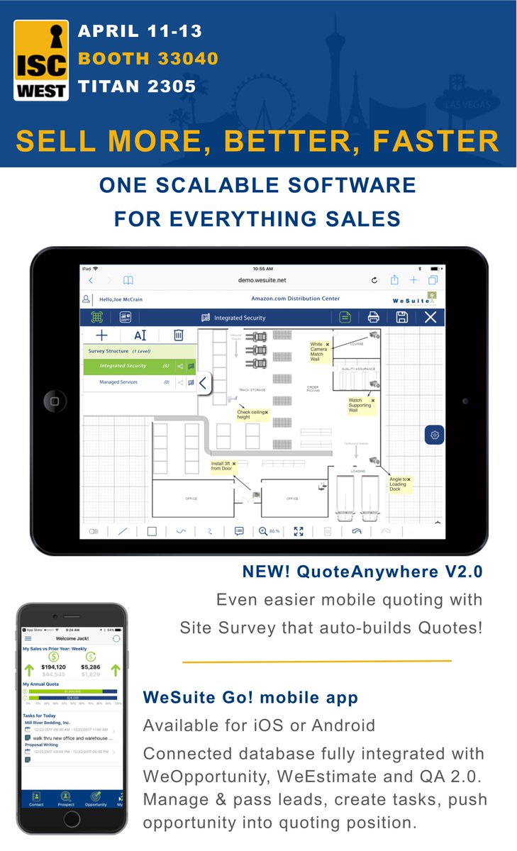 WeSuite's tweet image. We&apos;re all about selling more, better, faster! Make plans to see us at Booth 33040 to see the NEW QuoteAnywhere &amp;amp; Site Survey! #ISCW18 #vegasbaby #mobilesales