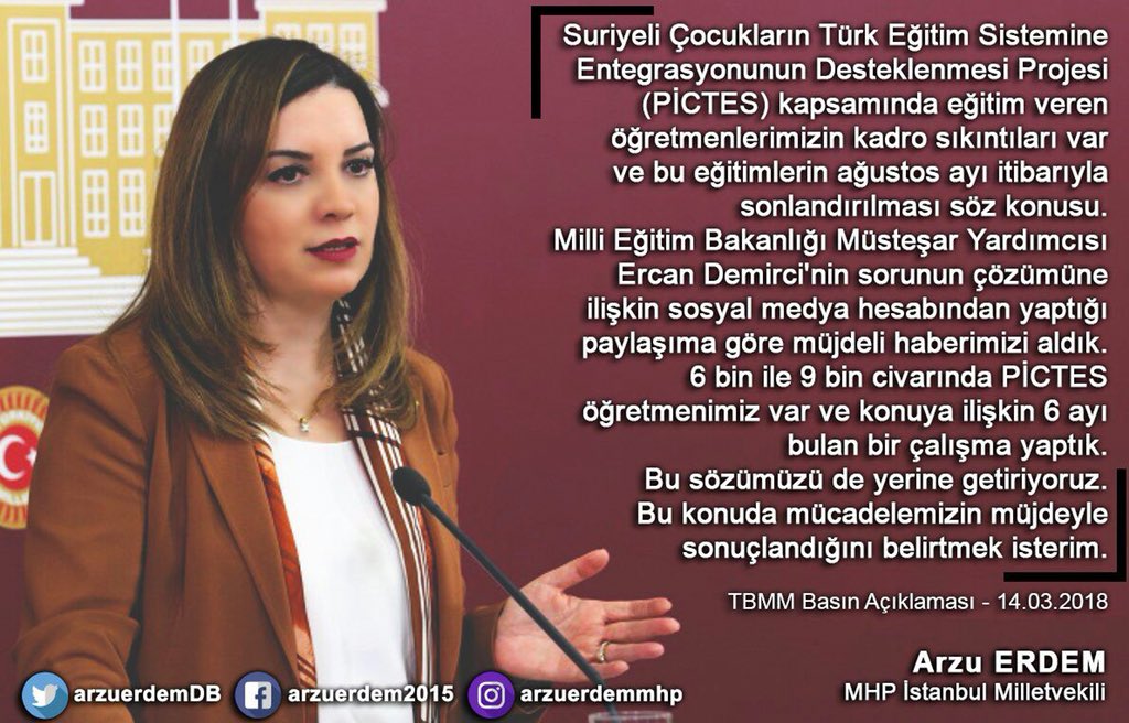 Liderimizin talimatı ile #PİCTES öğretmenlerimiz için 6 ayı bulan bir çalışma yaptık. 

''Milletimizin vebali bizim vebalimizdir dedik.
Bu koltuklara otururken Türk milletine hizmet etmeyi şiar edindik.''
Bu konuda mücadelemizin müjdeyle sonuçlandığını belirtmek isterim.