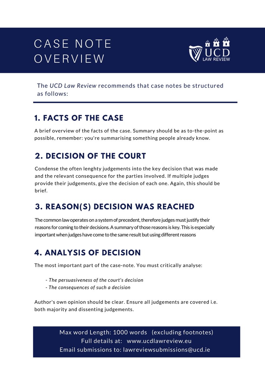 UCDLawReview's tweet photo. *** Attention all first and second year UCD students ***

We've created a quick overview of the specifics of the case note that to act as a guide for writing submissions. 

Remember: There is a prize of €150 for the best case note from both first and second year, so get writing! https://t.co/zc5oB72EY4