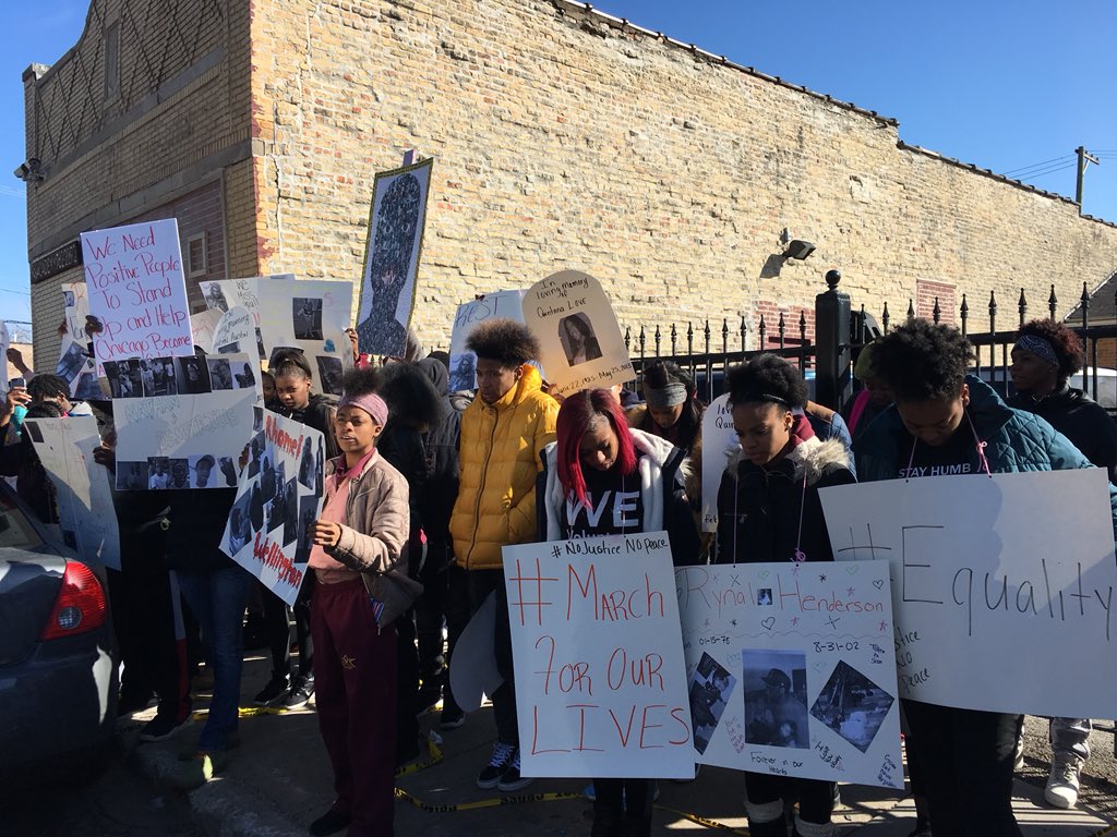 kalynbelsha's tweet photo. Some scenes from walkout that just happened in North Lawndale at CCA Academy, an alternative HS. Students briefly blocked traffic & held signs representing family & friends whoโd been killed by gun violence. They demanded an end to school closings & more investments in community https://t.co/TCZJ1WtFey