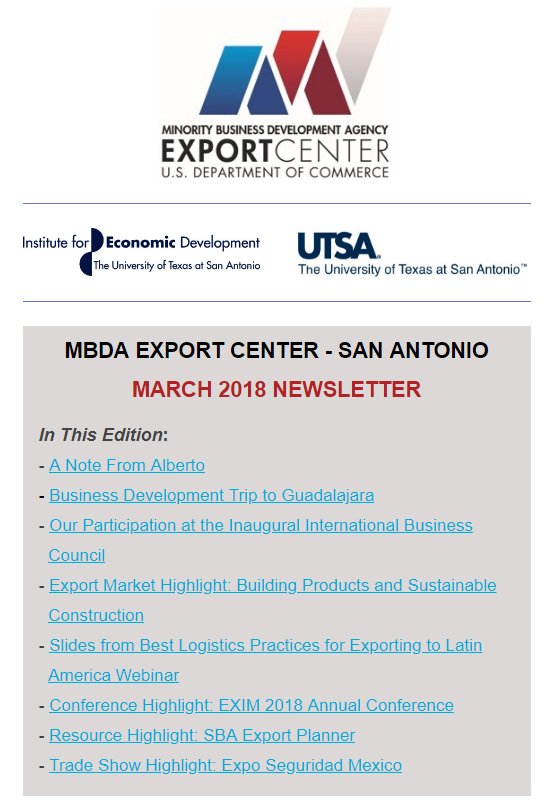 SAMBDAExport's tweet photo. Don't miss our #Export Center's March Newsletter! Read it here: https://t.co/sTWgkxohI1 @USMBDA @EconDevUTSA #trade #MBE https://t.co/Dq9Q6mjNwU