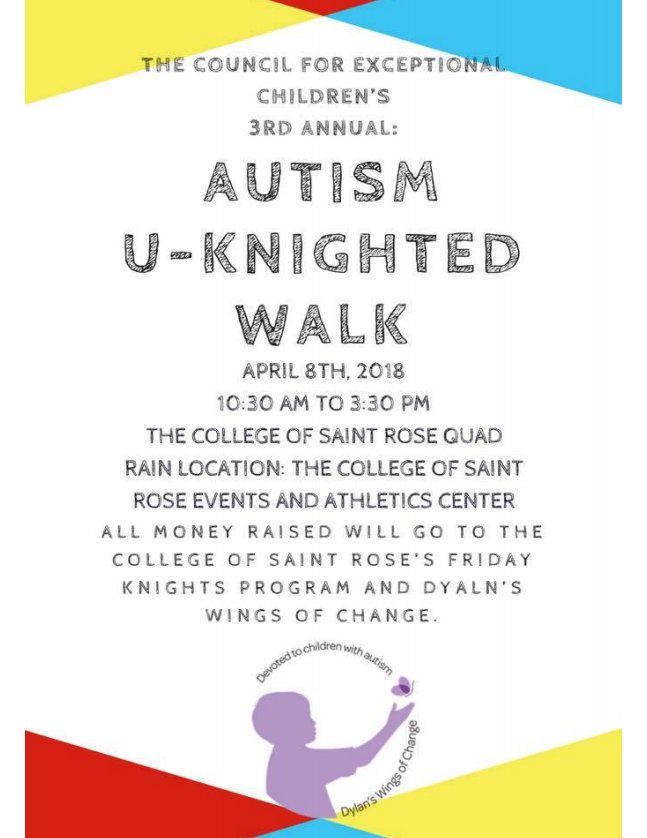 StRoseSA's tweet image. The 3rd annual Autism U-Knighted Walk will be Sunday, April 8th from 10:30 to 3:30 on the Campus Quad! The proceeds will be going to the Friday Knights Program and Dylan's Wings of Change based out of Sandy Hook, CT. There will be games, food, fun, raffles and live performances!