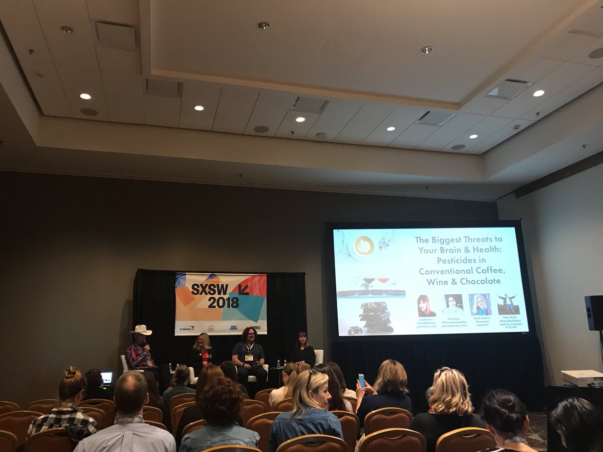 Statesman_Media's tweet photo. “The Biggest Threats to Your Brain and Heath” @JessBeeGood @Groundworkcoffe @sweetriot @ampelloscellars #sxsw https://t.co/DPVZHP4Sov