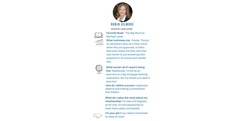6 Degrees San Diego (@sd6degrees) on Twitter photo This week's 6° Member Spotlight:
Meet Robin Gilmore!
President of 2 Degrees La Jolla Referral Group
You can reach her at:
robin.gilmore@americaslocallender.com This week's 6° Member Spotlight:
Meet Robin Gilmore!
President of 2 Degrees La Jolla Referral Group
You can reach her at:
robin.gilmore@americaslocallender.com