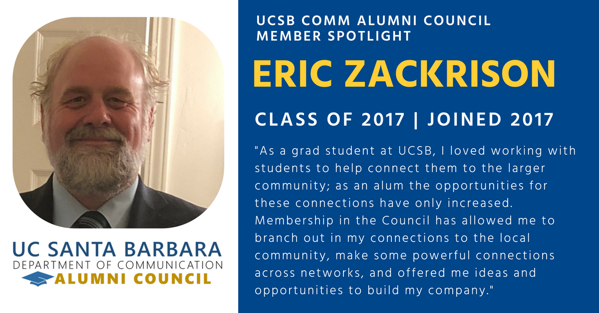 UCSB_CommAlumni's tweet photo. Thank you Eric Zackrison @EffectivenessSB for being a valued member of the #UCSB Comm Alumni Council! We are #grateful you help connect local #SB businesses w students for job opportunities and research! #BestAdjunctProfessor #UCSBAlumni #MeetOurCouncil https://t.co/NAtAvHQM99
