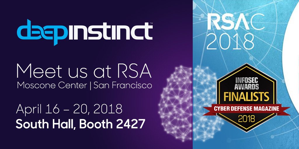DeepInstinctSec's tweet photo. @DeepInstinctSec named a finalist in @cyberdefensemag's prestigious annual #INFOSEC AWARDS 2018. We can't wait for the winners to be announced @RSAConference 2018.

See you there: #RSAC18 #RSAC20128 
https://t.co/41UI4vY1FF https://t.co/rwnNjUNJvg