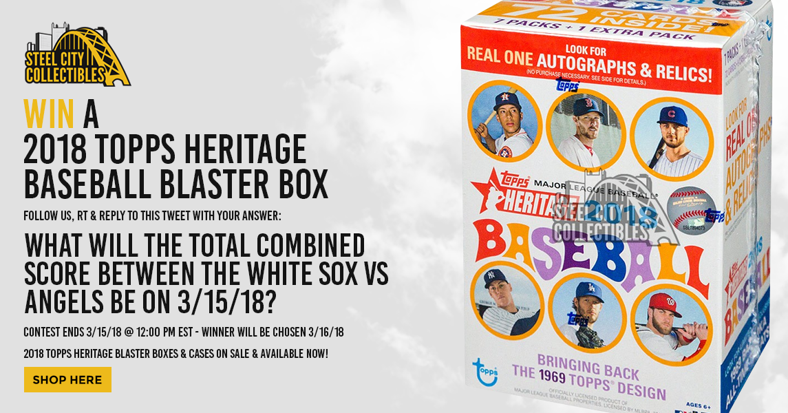SCCTradingCards's tweet photo. Follow us, RT, &amp; answer for your chance at a 2018 Topps Heritage Baseball blaster box! Ends tomorrow, 3/15/18, at 12PM EST. https://t.co/xW080HDb21 | #MLB #SpringTraining https://t.co/ahnGHAwV3S