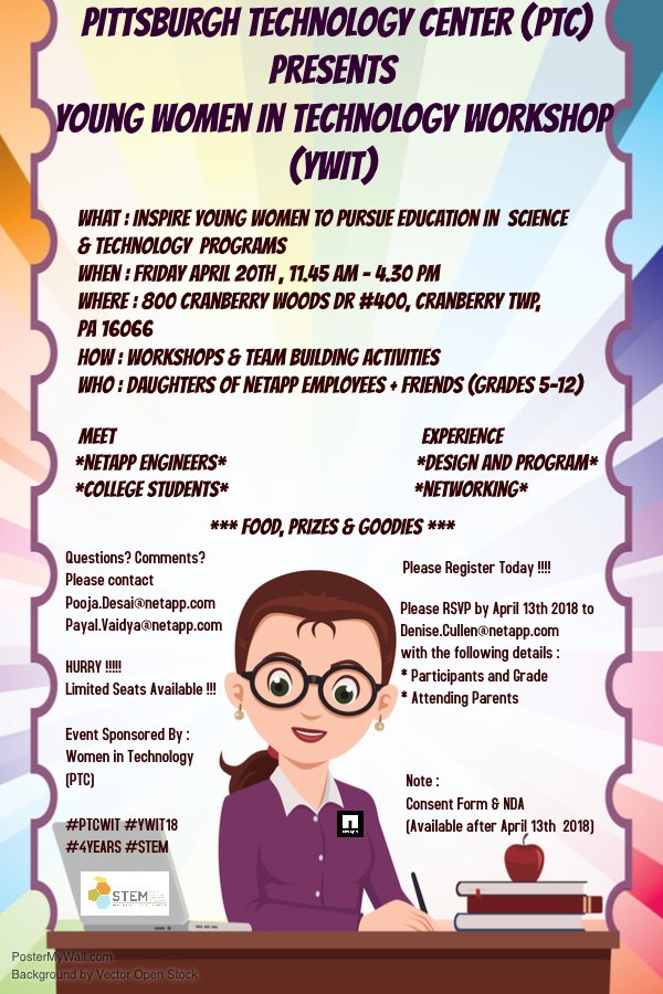 NetAppWIT's tweet photo. PTC WIT's YWIT Workshop on April 20th 2018 !!!!

Come join us for some for some fun this Year !!!

And of-course learn more about STEM !!!

#NetApp_WIT 
#PTCWIT #YWIT18 #4YEARS #STEM https://t.co/vOUz4gumz0