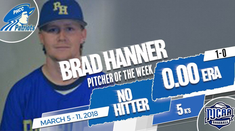 NJCAA's tweet photo. Patrick Henry's Brad Hanner, this week's DII #NJCAAPOTW tossed a no-hitter to help the Patriots join the national rankings https://t.co/zWTMsbtS53