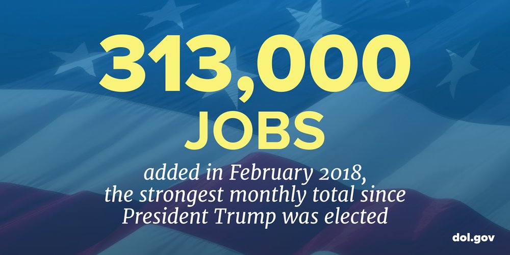 313,000 jobs added in February 2018, the strongest monthly total since President Trump was elected. dol.gov