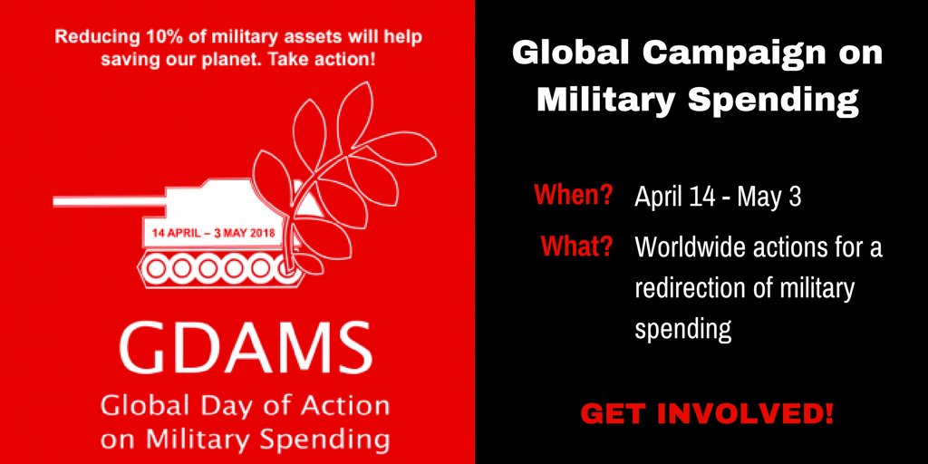 DemilitarizeDay's tweet image. One month until #GDAMS2018! Between April 14 and May 3rd, GDAMS will include as many actions as possible worldwide to ask for a redirection of military spending. Reducing 10% of military assets will help saving our planet #TakeAction!