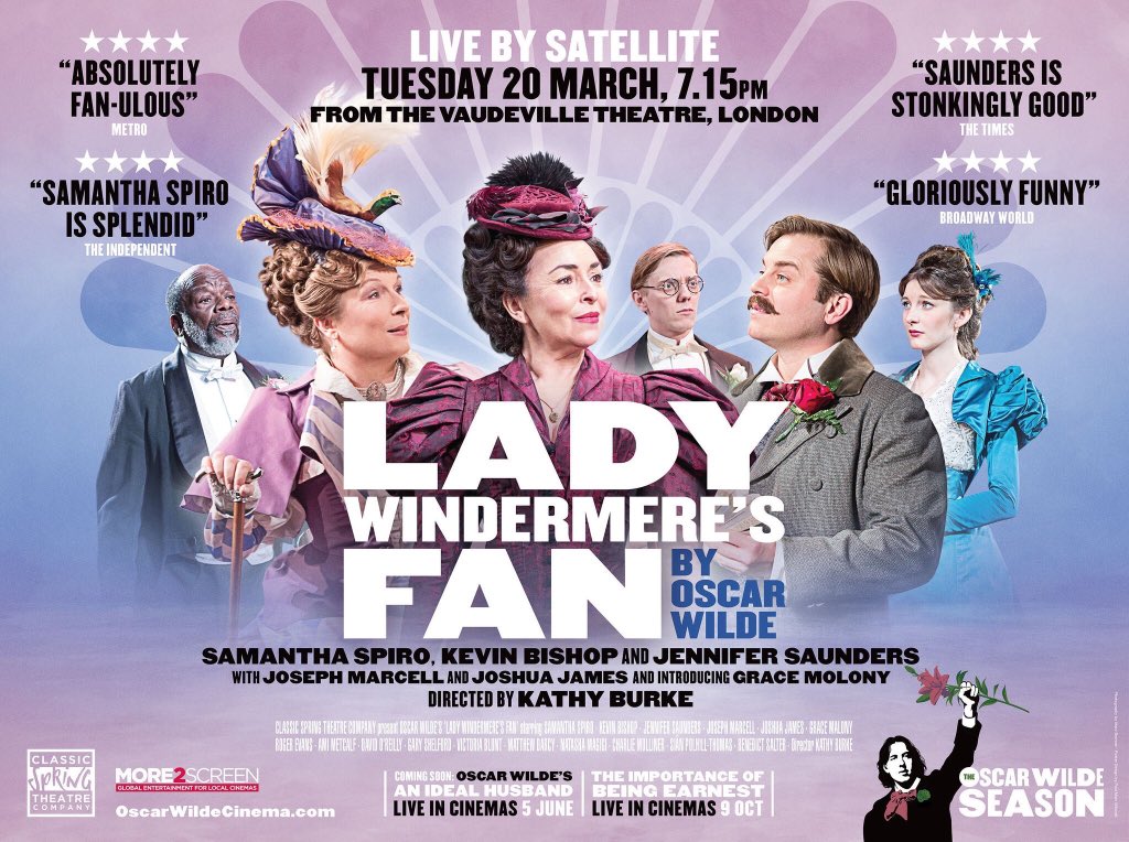 KathyBurke's tweet photo. Don't forget that #LadyWindermersFan will be live streamed to cinemas on March 20th. How fucking spiffing is that! Go to the #ClassicSpring website for details. ❤️🎭❤️🎥 https://t.co/7lQIYpvemm