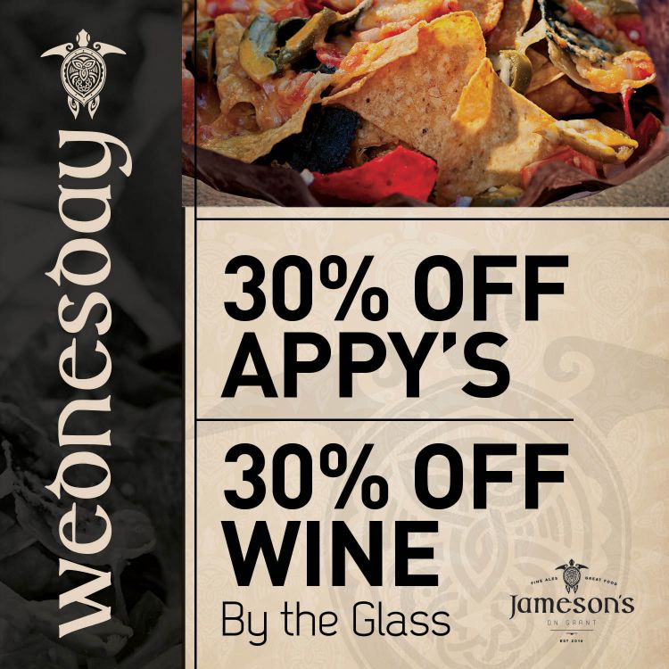 JamesonsOnGrant's tweet photo. Wednesday is here, so #WineMoms rejoice! You can get 30% off appy’s and 30% off wine by the glass at #JamesonsOnGrant today. https://t.co/mJZJJ7PPnX https://t.co/qPTOhOylvh