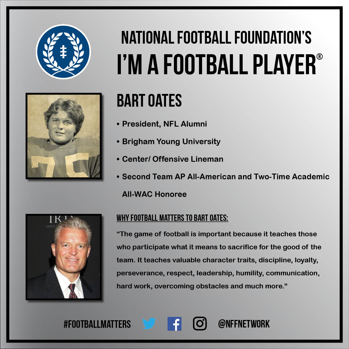 NFFNetwork's tweet photo. I'm A Football Player: @B_Oates65, former @BYUfootball Center/ Offensive Lineman &amp; now NFL Alumni President #FootballMatters #ImAFootballPlayer #BYUFOOTBALL #GoCougs #NFLAlumni #NYGiants  #49ers #CaringForOurOwn #CaringForKids https://t.co/At9UMwaz6h