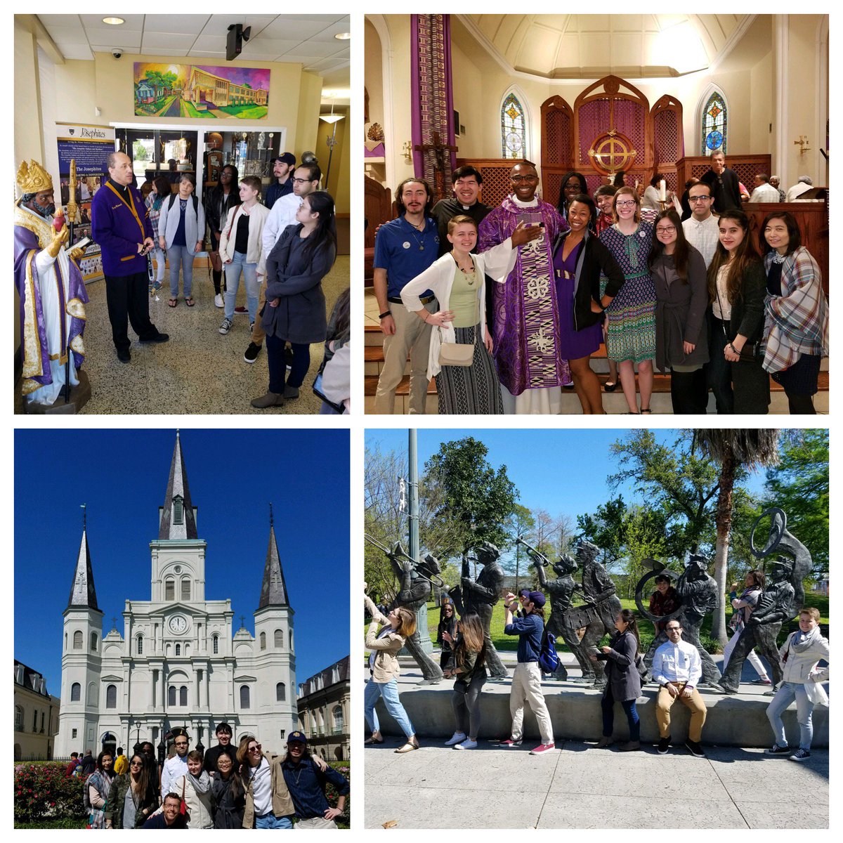 NDMinistry's tweet photo. The New Orleans pilgrims have been busy visiting St. Peter’s Claver (a historically Black Catholic Church), St. Augustine High School (a Black all-boys Catholic school), and Louis Armstrong Park! #NDPilgrimage https://t.co/QsNH7ADRPZ