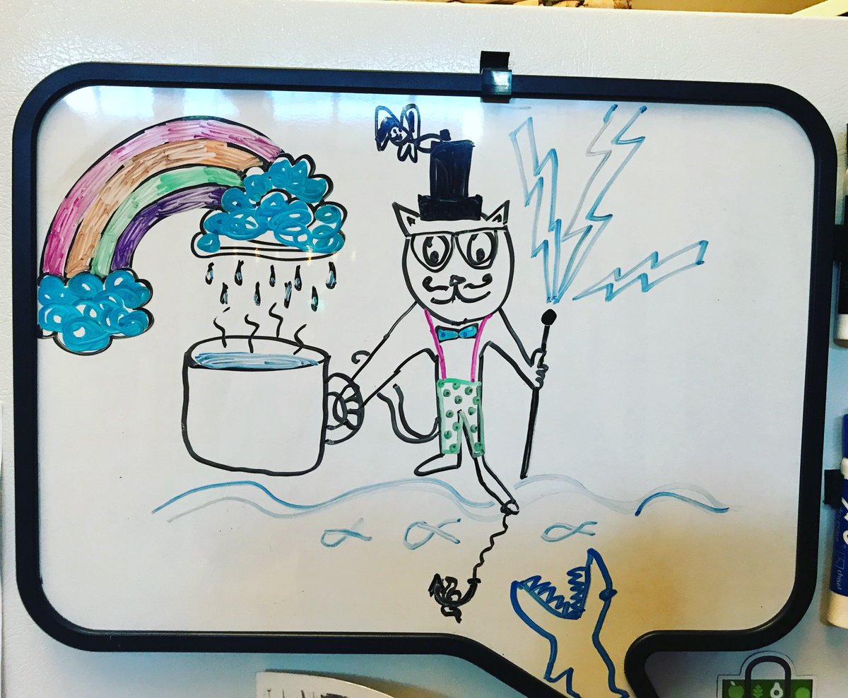 GlassEyeScreens's tweet photo. First there was a cup. Then a cat. Then a hat. Then... not sure about any of the rest of this. #chainart #onourfridge #gesw #geswatl https://t.co/1ncIXn0eJY