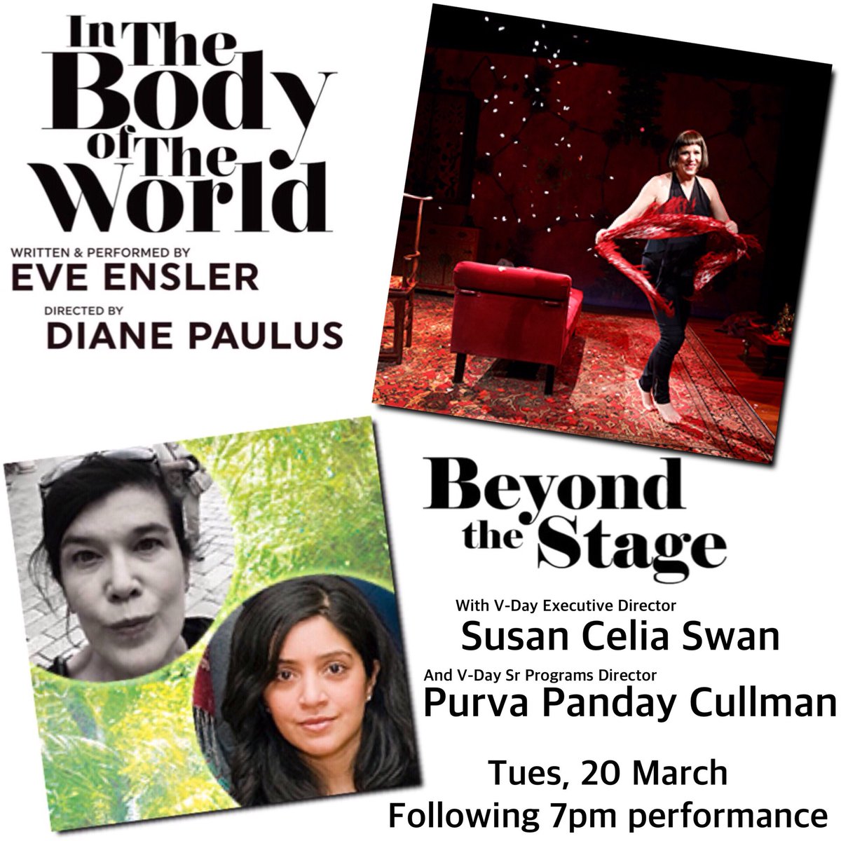 VDay's tweet photo. Don’t miss Eve’s #InTheBodyOfTheWorld at @MTC_NYC & #BeyondTheStage talkback w/ #VDay Exec Director, @susancelia, & V-Day Sr Programs Director, Purva Panday Cullman, on 20 March.
Use code VDAY for discount on tix: https://t.co/lnefzxPz3O
#ITBOTW #ManhattanTheatreClub #ThisIsV20 https://t.co/s9HbFBTDP3