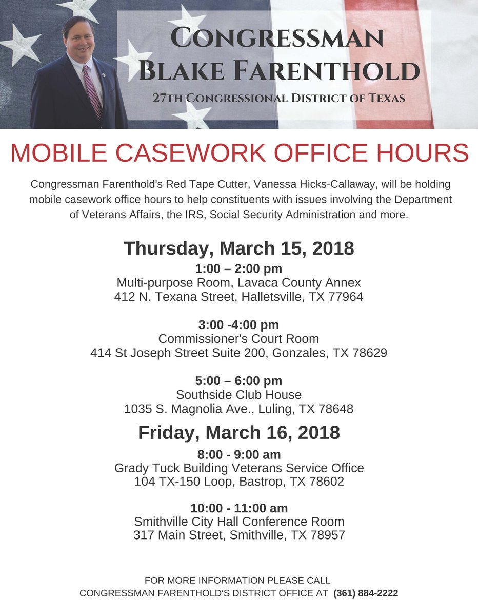 If you’re having a problem dealing with the federal government, my Red Taper Cutters will be holding mobile office hours tomorrow and Friday in Halletsville, Gonzales, Luling, Bastrop, and Smithville.