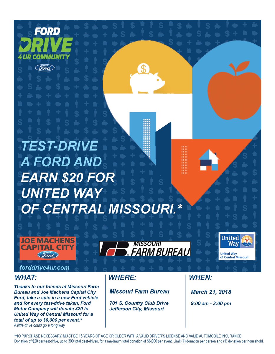 unitedwaycemo's tweet photo. Come out to the parking lot of Missouri Farm Bureau, take a spin & support the United Way on 3/21 by simply test-driving a new Ford vehicle! For every test drive, Ford Motor Company will donate $20! THANK YOU Missouri Farm Bureau & Joe Machens Capital City Ford! #Drive4UR https://t.co/KmnuPlHIQB